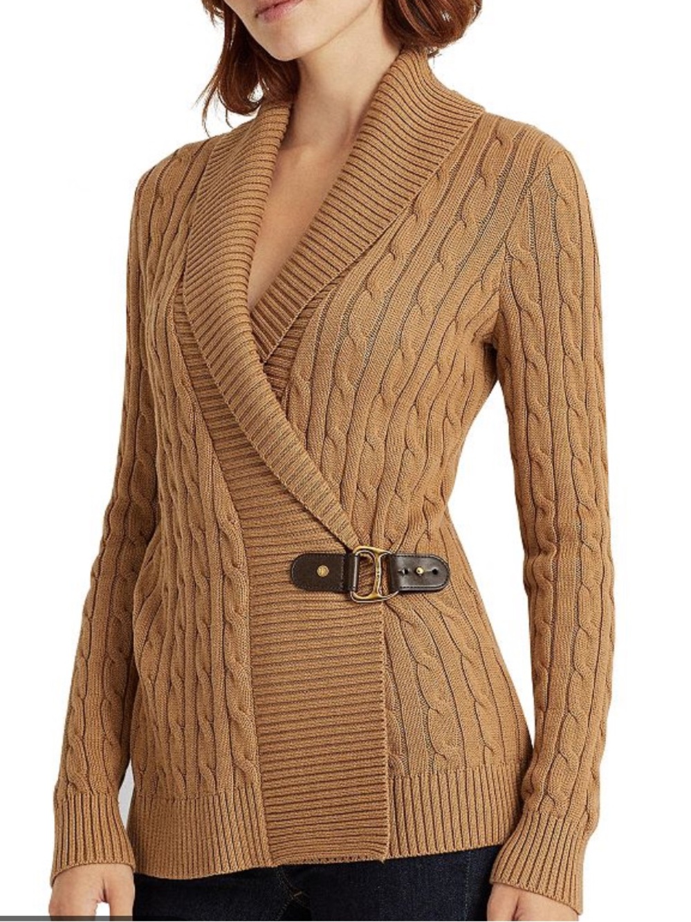 Lauren Ralph Lauren Cable Knit Cardigan Belted Buckle Camel Tan Sz M